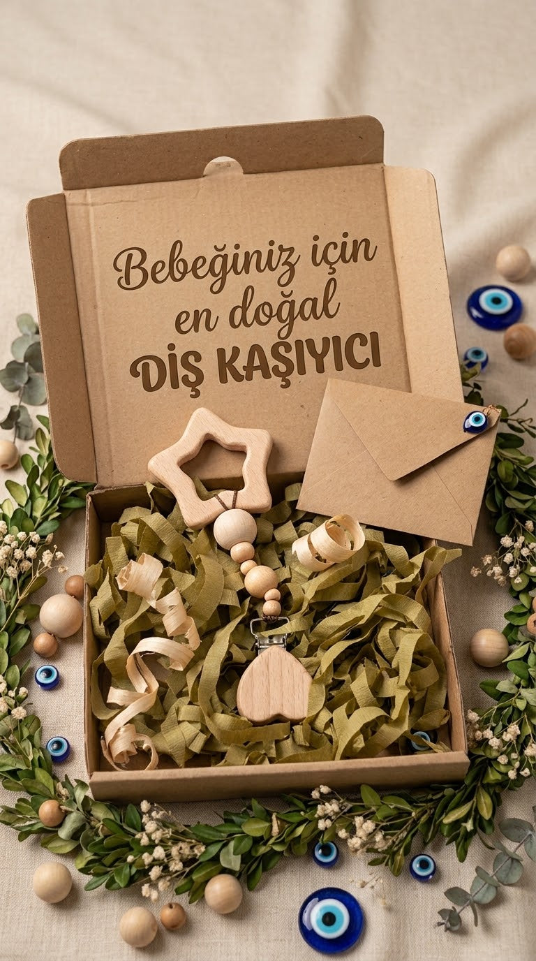 Doğal ahşap renginde kalp klipsli emzik askısı hediye kutusunda