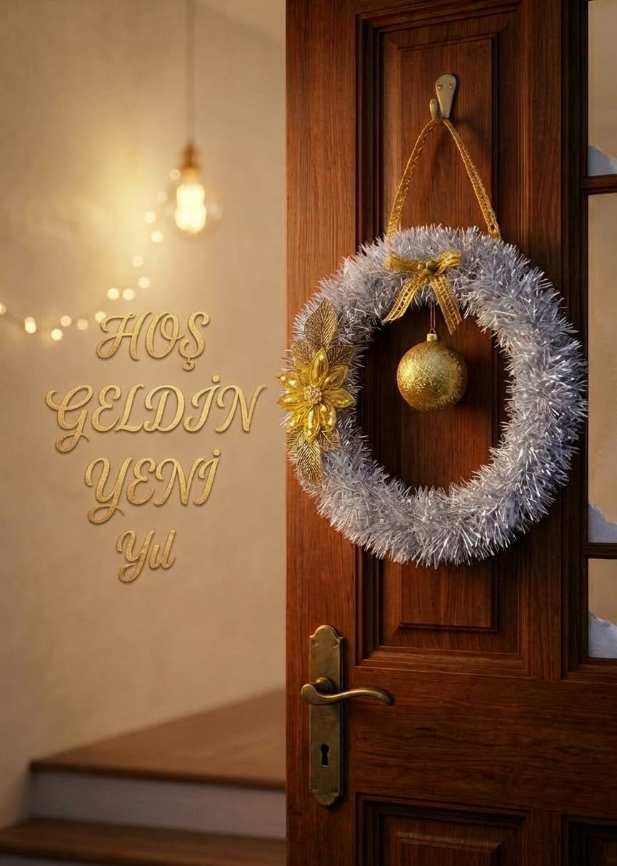 🎄 El Örgüsü Yılbaşı Kapı Süsü – Simli Çiçek ve Top Detaylı ✨