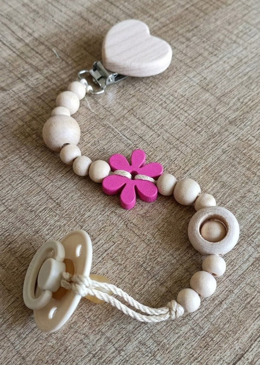 Doğal ahşap boncuklu pembe çiçekli bebek emzik askısı