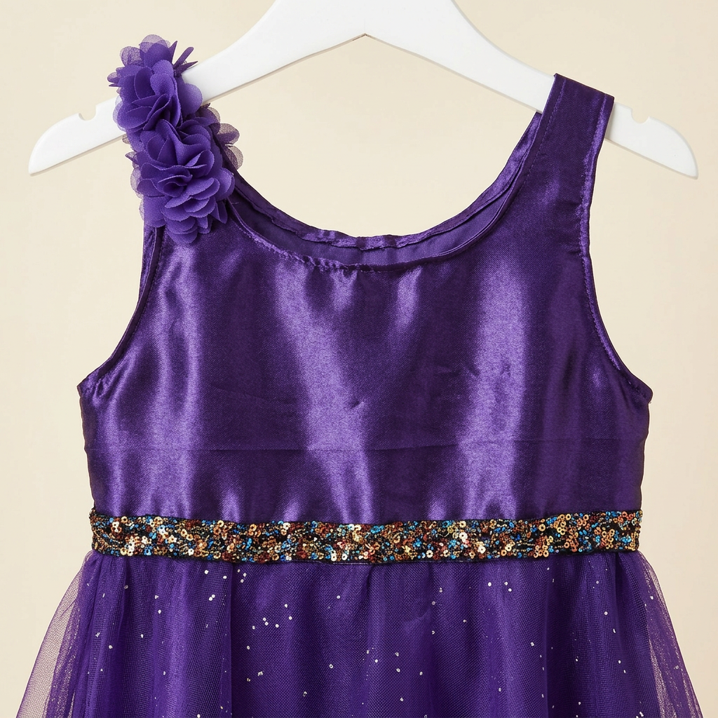 💜 Çiçek Detaylı Mor Çocuk Elbisesi – 4–5 Yaş