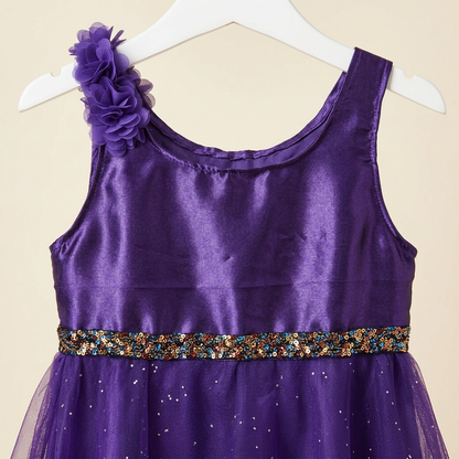 💜 Çiçek Detaylı Mor Çocuk Elbisesi – 4–5 Yaş